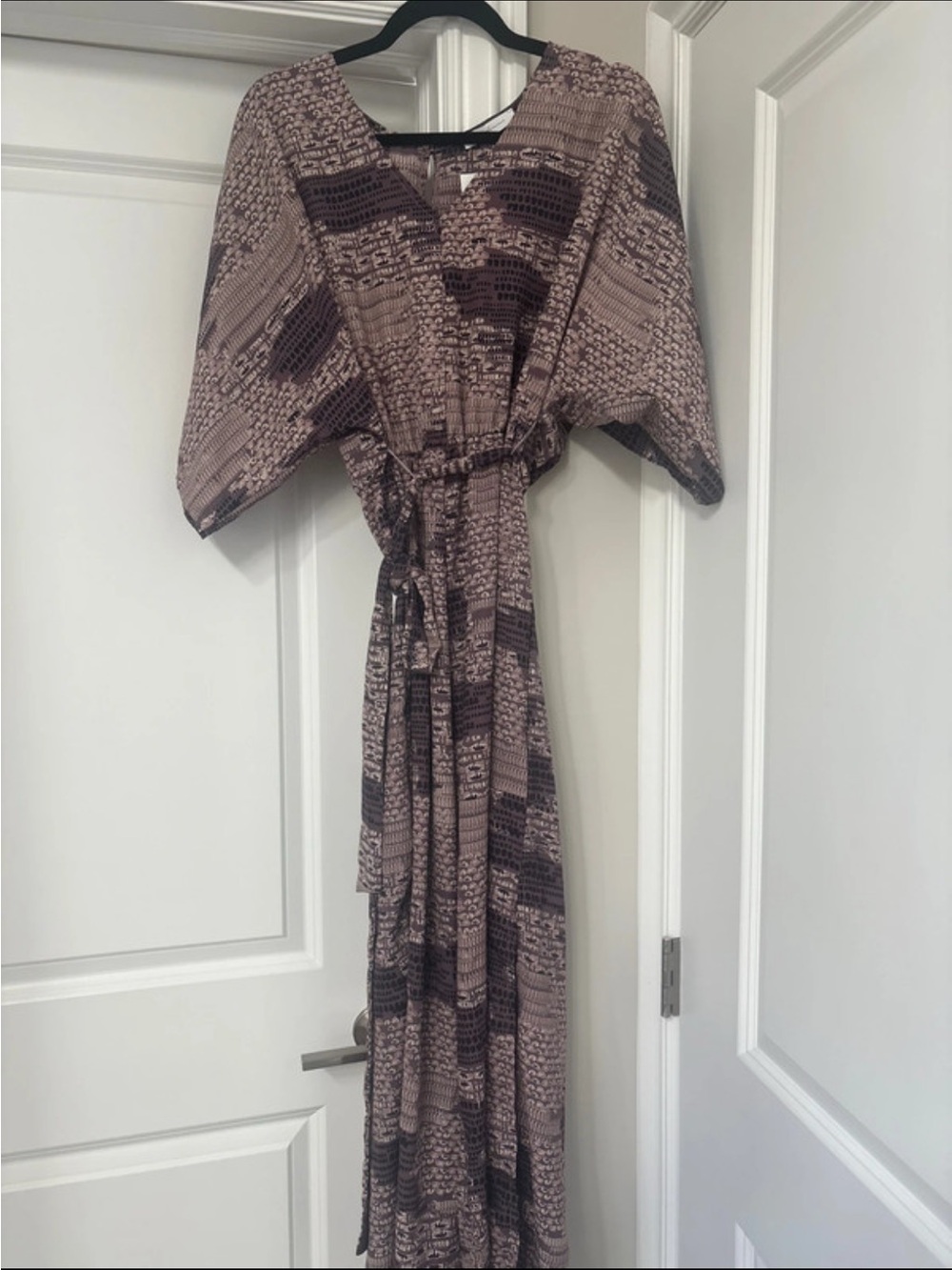 Taupe Printed V-Neck Wrap Jumpsuit with Tie Waist